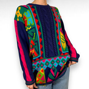 Vintage Colorful Crewneck Sweater Blue Pink Green Grandma Maximalism Size Medium